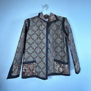 Xiao Womens Jacket Small Metalic Brown Brocade Long Sleeve Granma Retro